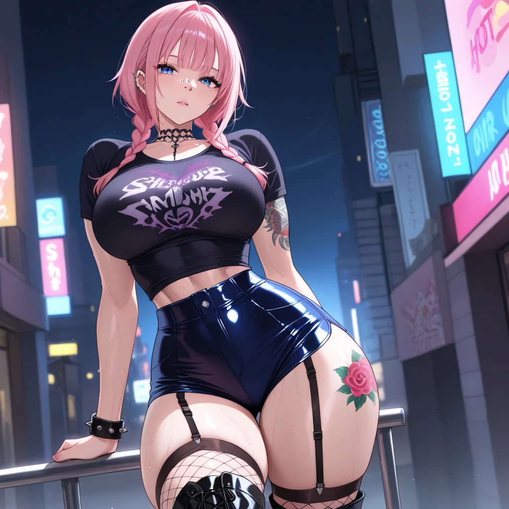 work of art, A beautiful girl, shiny pink eyes, big fit ass leg thighs, waist long, big fit ass , Legs long, black jacket with spikes, microbiquini, black jeans with chains, glitters and effects, black gloves without fingertips, vred, Waist slender, short abdomen, return to viewer, photo from bottom to top
