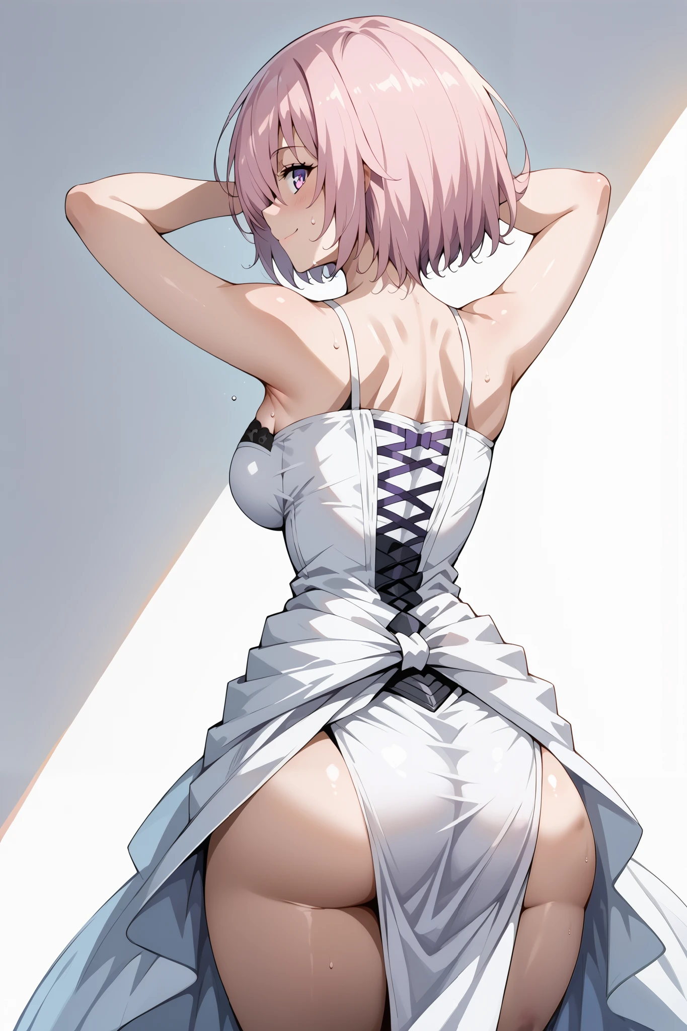score_9, score_8_up, score_7_up, source_anime, 4K,perfect fingers,(perfect hands, perfect anatomy),prefect lighting, very aesthetic, intricate details,highly detailed background, masterpiece, high quality, best quality,
1girl, mashkyrielight, mash kyrielight, short hair, purple eyes, pink hair, hair over one eye, large breast,
wearing ((black wedding dress, ))
sweating, ((white plain background)), standing, from back, back view, shot from behind ,evil smirk, cowboy shot, filed, Arms up, armpits ,high thigh individual , leaning forward, (( View:1.5)),