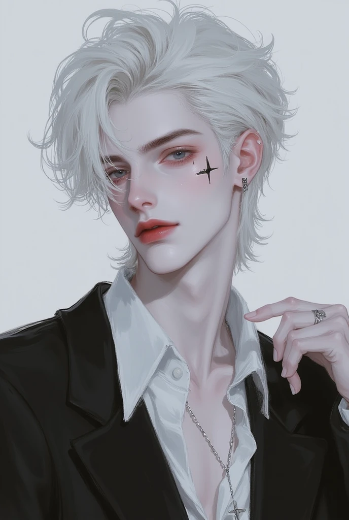 (best quality, masterpiece), 1boy, upper body, injury, blood splatter, blood, formal, looking down, looking at viewer, white hair, vampire, hand in pocket, muscular, smile, dark mood --auto --s2