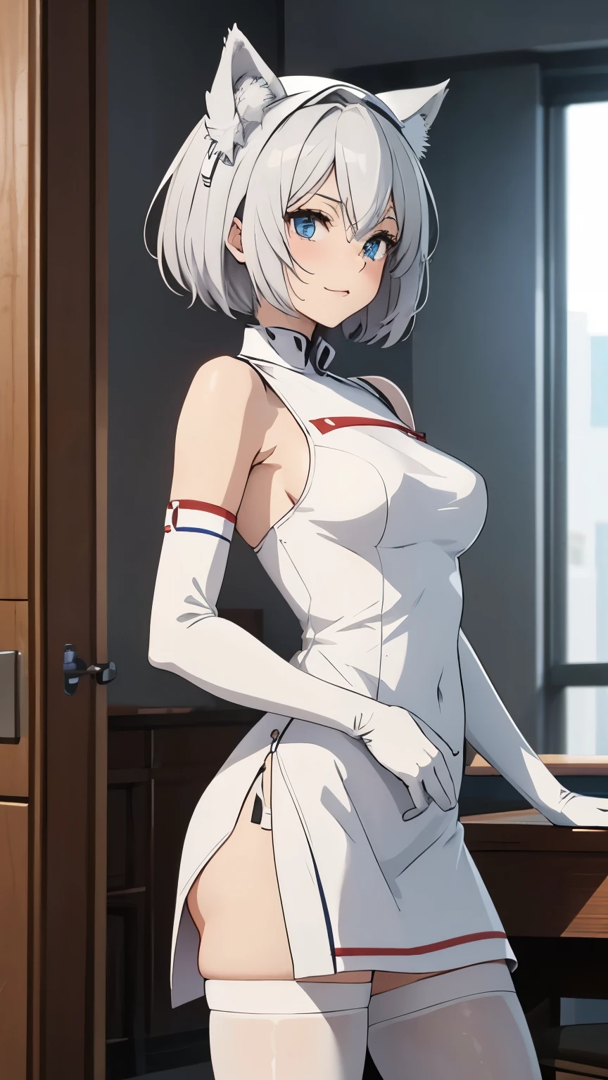 table top portable Best Quality 8k adult female anime style standing white nurse clothes(sleeveless)(pure white) white long gloves ( elbow gloves ) white pantyhose(tights) loafers beautiful legs White wolf ears short hair(( shortcuts)(Gray Hair)(Perm)( fluffy)) blue eyes gaze into the distance charming face ((Laughter)(joy)(赤い頬)) hospital