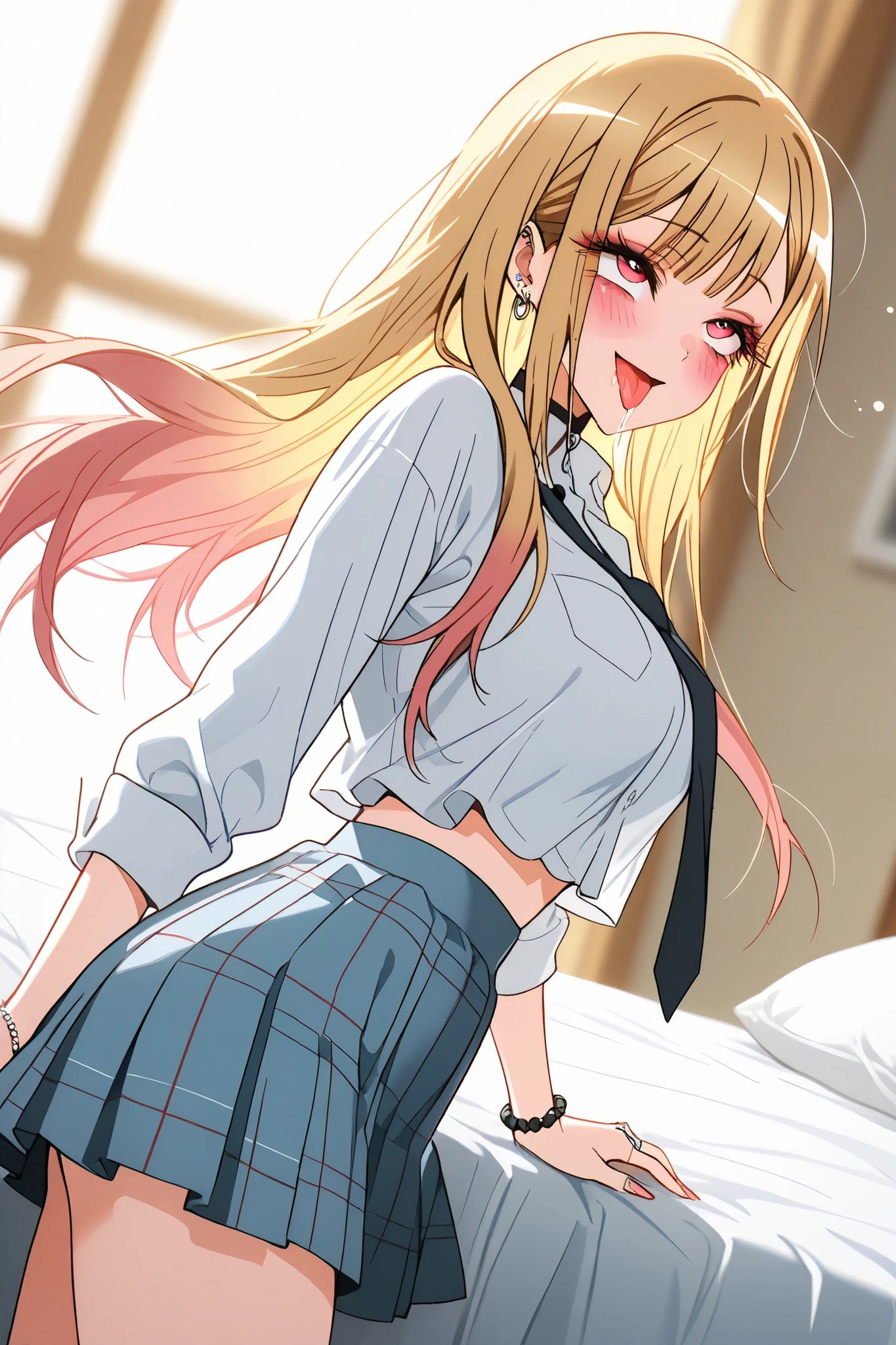 marin_kitagawa,1 female,solo,pretty,
front,lower body,from side,
blonde,long hair,side part bang,cut bangs,
colored inner hair,
red eyes,beautiful eyes,
big eyes,slant eyes,sleepy eyes,
long eyelashes,
angel(1.3),miniskirt,
white big bird wing from back,
ring of light on the head,
beautiful legs,thin thighs,thin calves,
large breasts,thin waist,
smile,blushing,drooling,tearful eyes,
rolling eyes,open mouth,tongue out,
I can see panties,cowboy shot,dutch angle,
perfect face,beautiful skin,
anatomically correct,
best quality,super detailed,
highest quality,masterpiece,high quality,
blurred background,
indoor,on bed,bedroom