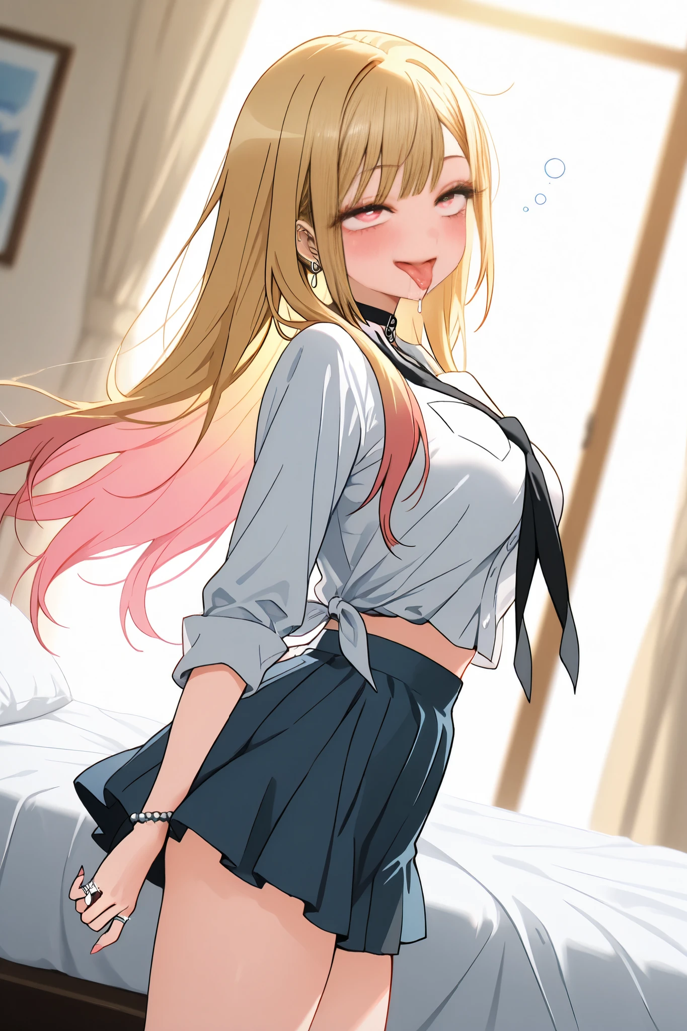 marin_kitagawa,1 female,solo,pretty,
front,lower body,from side,
blonde,long hair,side part bang,cut bangs,
colored inner hair,
red eyes,beautiful eyes,
big eyes,slant eyes,sleepy eyes,
long eyelashes,
angel(1.3),miniskirt,
white big bird wing from back,
ring of light on the head,
beautiful legs,thin thighs,thin calves,
large breasts,thin waist,
smile,blushing,drooling,tearful eyes,
rolling eyes,open mouth,tongue out,
I can see panties,cowboy shot,dutch angle,
perfect face,beautiful skin,
anatomically correct,
best quality,super detailed,
highest quality,masterpiece,high quality,
blurred background,
indoor,on bed,bedroom