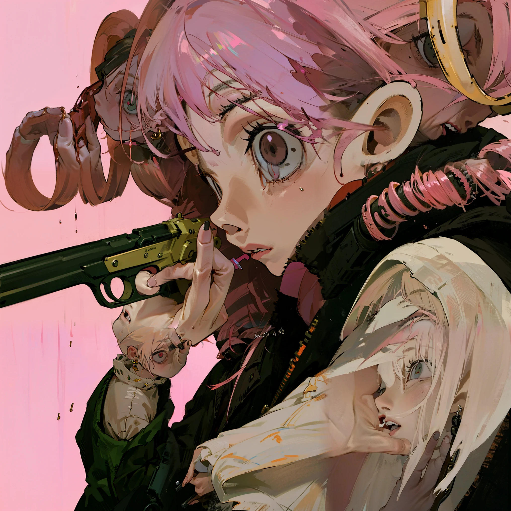 1 girl, alone,Pink hair, drill hair, colored eyes, jewelry, gun black jacket, close shot