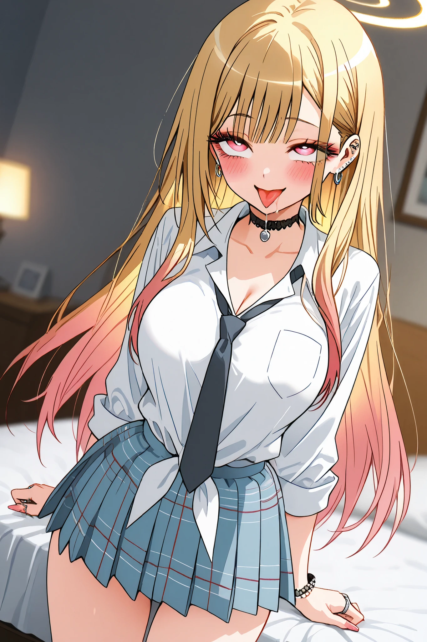marin_kitagawa,1 female,solo,pretty,
front,lower body,from front,
blonde,long hair,side part bang,cut bangs,
colored inner hair,
red eyes,beautiful eyes,
big eyes,slant eyes,sleepy eyes,
long eyelashes,
angel(1.3),miniskirt,
white big bird wing from back,
ring of light on the head,
beautiful legs,thin thighs,thin calves,
large breasts,thin waist,
smile,blushing,drooling,tearful eyes,
rolling eyes,open mouth,tongue out,
I can see panties,cowboy shot,dutch angle,
perfect face,beautiful skin,
anatomically correct,
best quality,super detailed,
highest quality,masterpiece,high quality,
blurred background,
indoor,on bed,bedroom