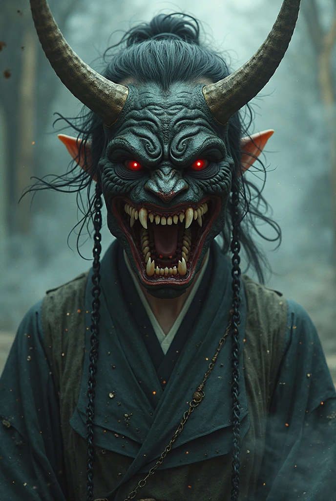 "A dark and surreal depiction of a terrifying demon with two long, thick, sharp horns growing from its head. The demon's skin is pale, giving it an eerie, ghostly appearance, and its eyes emit an intense red light that pierces the darkness. It is dressed in a white Japanese kimono and pulsates with the energy of the dark world. The demon's hair is long, flowing, white, and cascading down to its shoulders. The background is dimly lit, a scene engulfed in eerie flames with deep shadows and a sense of foreboding, enhancing the creature's sinister, supernatural presence. Ultra-detailed cinematic lighting, dark fantasy, epic, sinister atmosphere, 8K resolution."