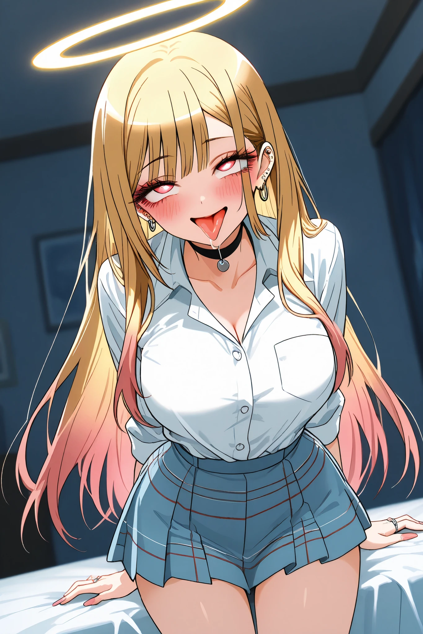 marin_kitagawa,1 female,solo,pretty,
front,lower body,from front,
blonde,long hair,side part bang,cut bangs,
colored inner hair,
red eyes,beautiful eyes,
big eyes,slant eyes,sleepy eyes,
long eyelashes,
angel(1.3),miniskirt,
white big bird wing from back,
ring of light on the head,
beautiful legs,thin thighs,thin calves,
large breasts,thin waist,
smile,blushing,drooling,tearful eyes,
rolling eyes,open mouth,tongue out,
I can see panties,cowboy shot,dutch angle,
perfect face,beautiful skin,
anatomically correct,
best quality,super detailed,
highest quality,masterpiece,high quality,
blurred background,
indoor,on bed,bedroom