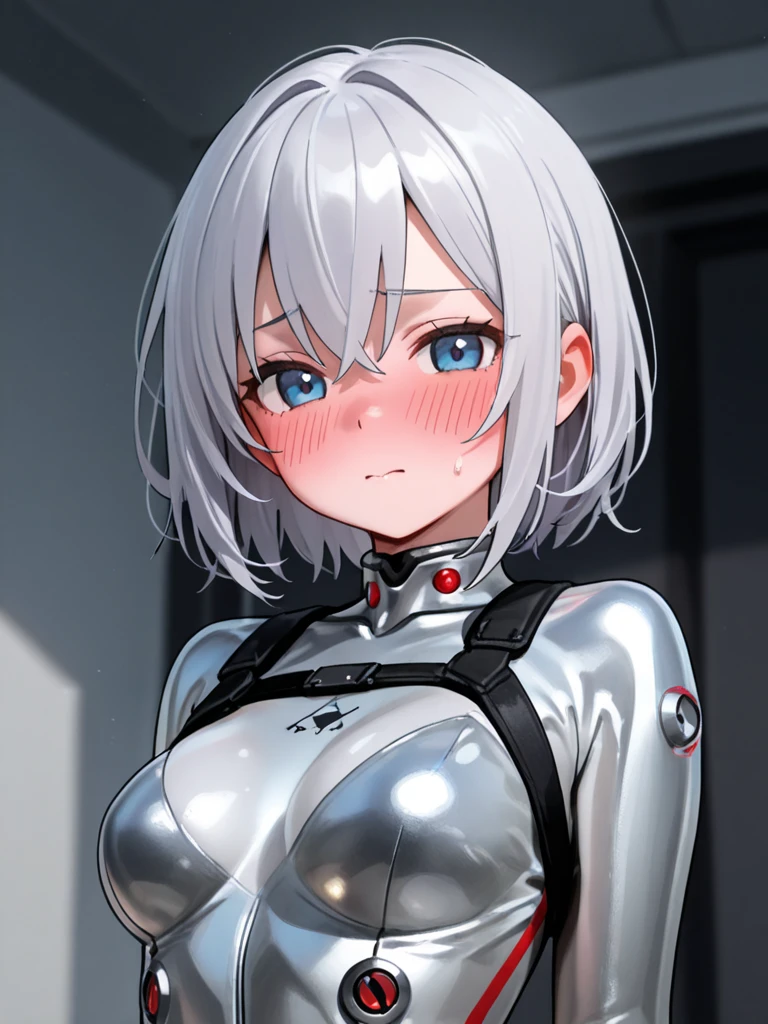 Top quality 8K UHD、glasses、silver metallic bodysuit、silver body tights、silver metallic tights、silver metallic rider suit、short hair、glassesをかけた短髪の銀髪美女、upper body up、