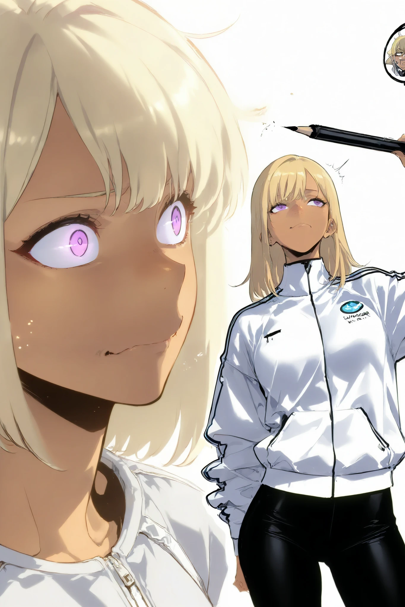 Athletic woman in futuristic fantasy clothes, blonde hair , purple eyes, tan, tight white jacket, black pant, intricate pencil sketch, expressive eyes and nose and mouth, un-zoom, highly detailed, white background, upperbody, Lean to the side , Head tilted, funny face expression