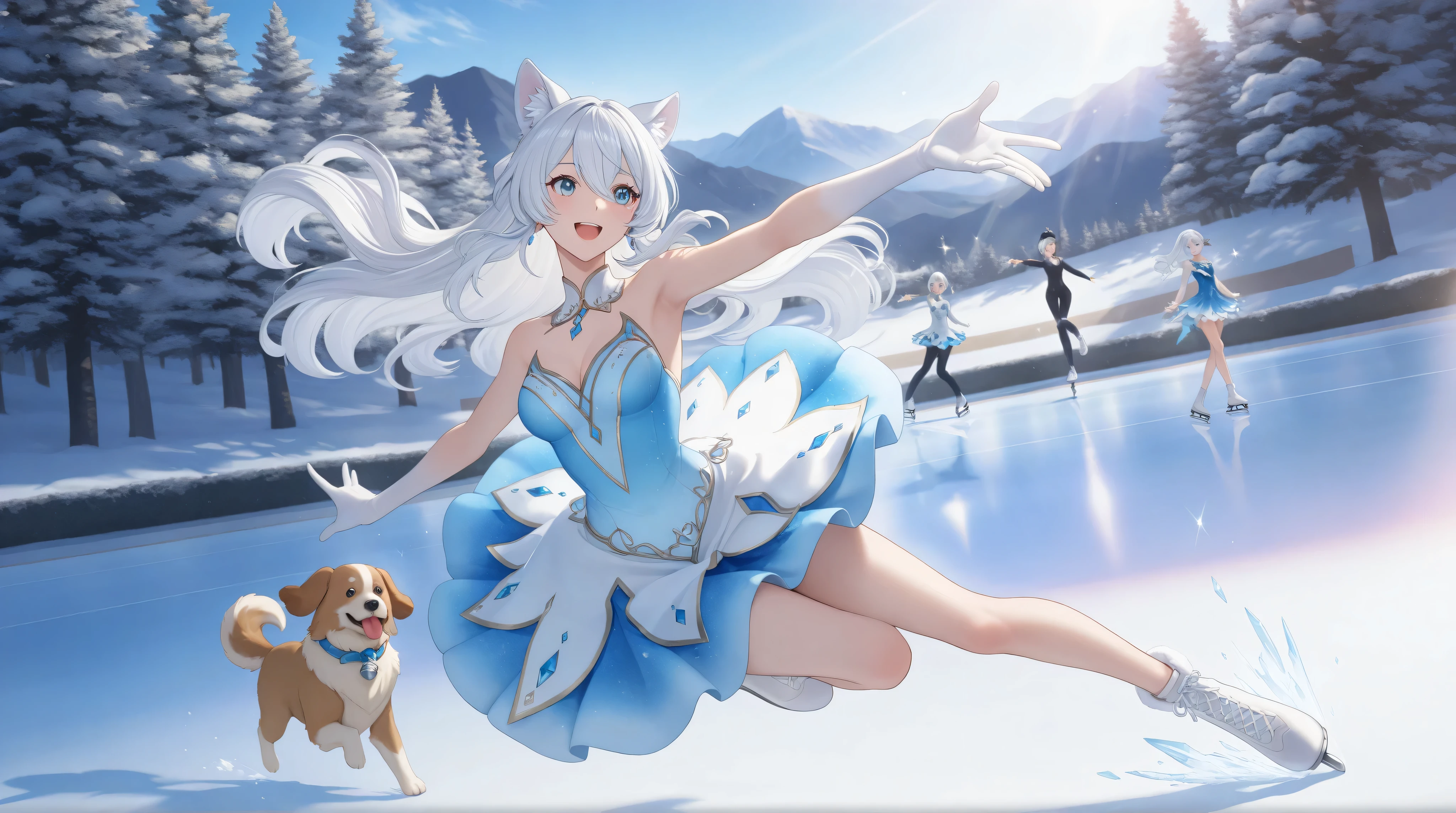 A tall anime-style girl with long, flowing white hair and expressive dog ears stands gracefully. She elegantly glides across a natural outdoor ice rink, dressed in a beautiful figure skater costume. Her graceful movements convey elegance and skill as she performs a captivating skating routine. The picturesque outdoor setting features pristine ice surrounded by snow-covered trees and mountains, with soft sunlight enhancing the magical and serene atmosphere. Her figure-skating costume sparkles subtly, complementing her graceful and dynamic presence in this enchanting winter scene.