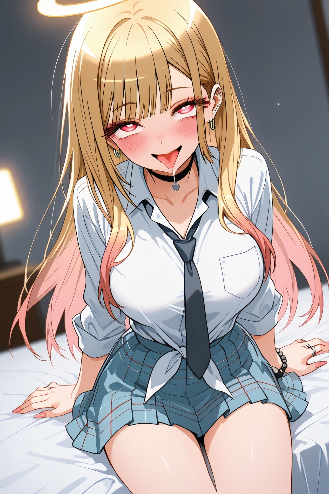 marin_kitagawa,1 female,solo,pretty,
front,lower body,from front,
blonde,long hair,side part bang,cut bangs,
colored inner hair,
red eyes,beautiful eyes,
big eyes,slant eyes,sleepy eyes,
long eyelashes,
angel(1.3),miniskirt,
white big bird wing from back,
ring of light on the head,
beautiful legs,thin thighs,thin calves,
large breasts,thin waist,
smile,blushing,drooling,tearful eyes,
rolling eyes,open mouth,tongue out,
I can see panties,cowboy shot,dutch angle,
perfect face,beautiful skin,
anatomically correct,
best quality,super detailed,
highest quality,masterpiece,high quality,
blurred background,
indoor,on bed,bedroom