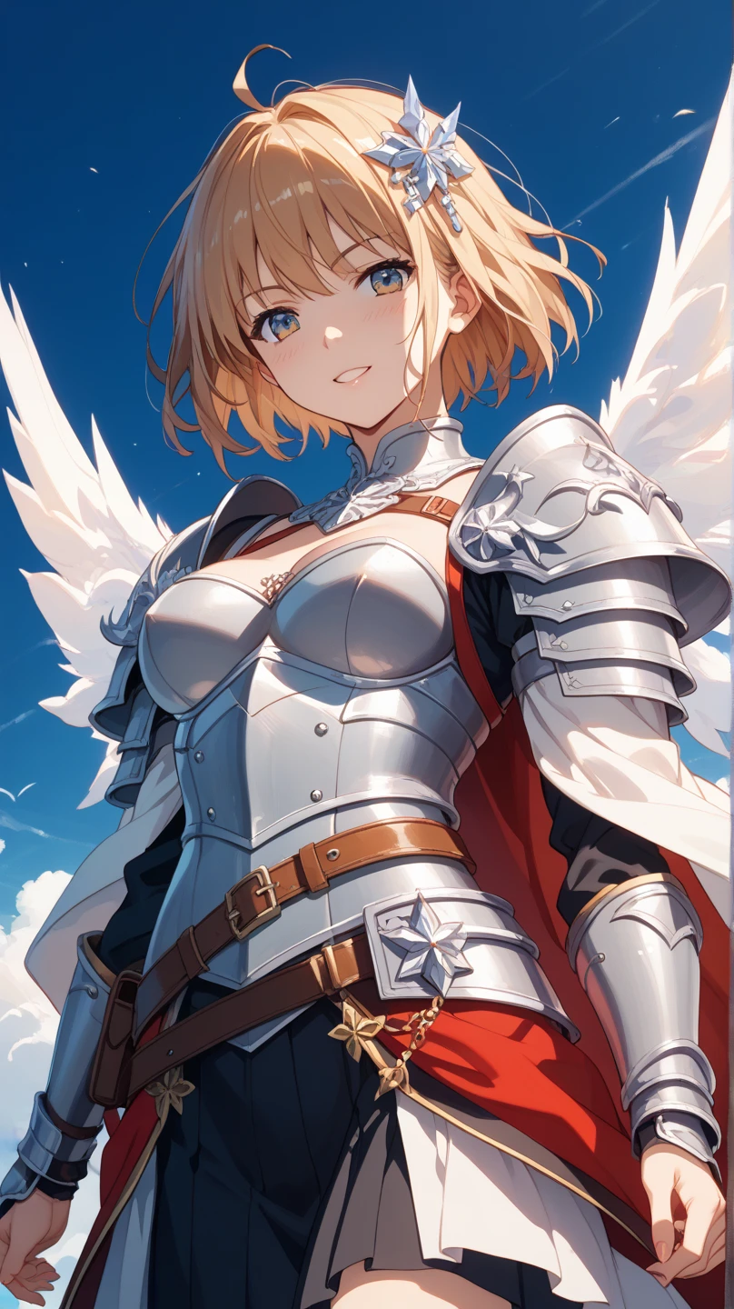 outdoors, castle, blue sky, winter, snow, portrait, upper body, (sword:1.2), heroic pose, beautiful armor, knight, metal greaves, plate bracers, plate armor, red cloak, helmet, feathered wings, angel wings, white wings, masterpiece, higres, best quality, smile, eyes half closed, looking at viewer, blush, Yomi, short hair, blue eyes, blonde hair, large breasts, <lora:more_details:0.4> <lora:Yomi3_lora-05:0.8>