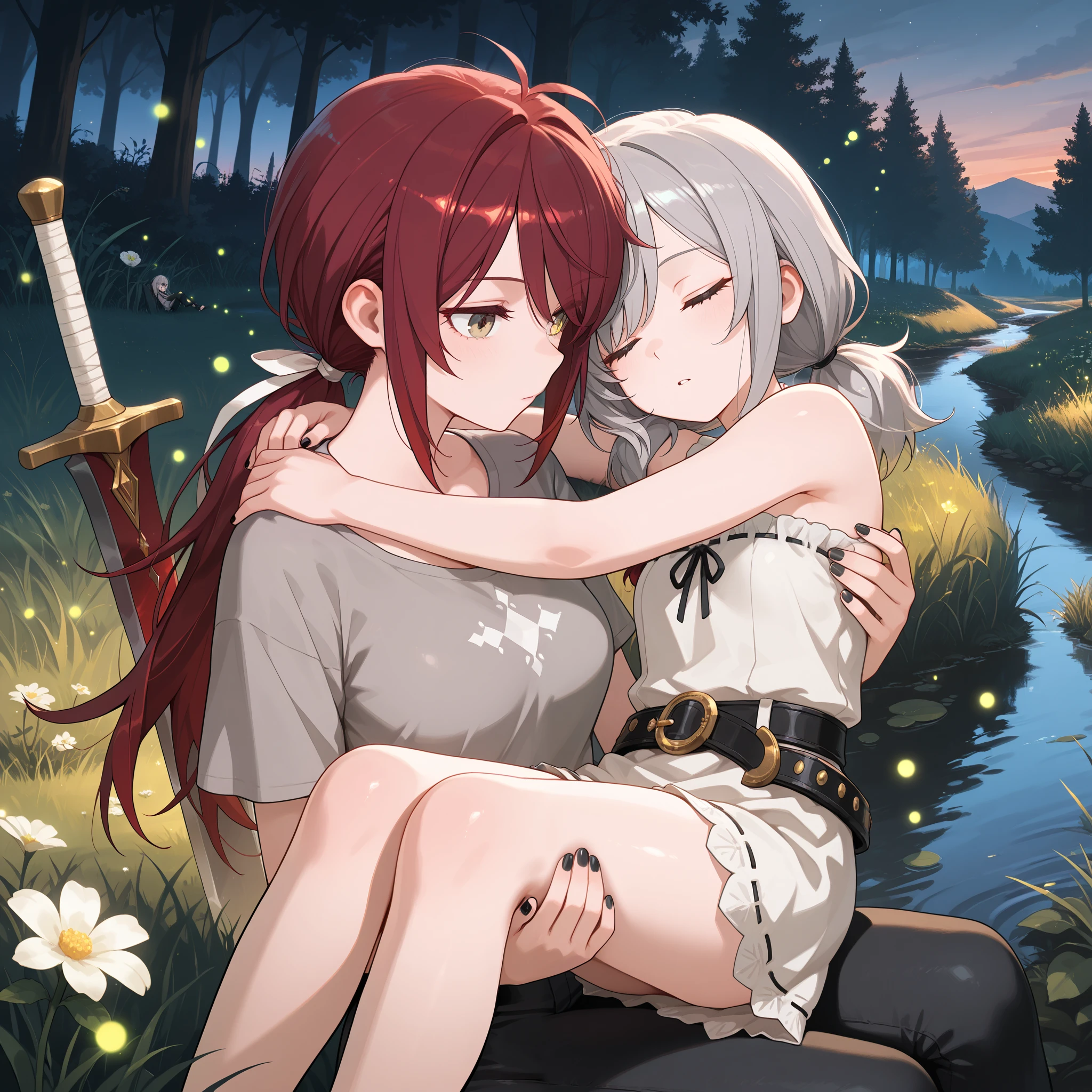 (masterpiece:1.2, Best Quality), (finely detailed beautiful eye: 1.2), (beautiful detailed face), comic strip, 2girls, carrying, princess carry, from side,, character: stoic expression,thin, Gray eyes, dark red hair, swept bangs, low twin tails, Gray eyes, dark red hair, swept bangs, low twin tails, white ribbons, strapless sleeveless shirt, gray shirt, shirt with white trim, frill trim, black jeans, black nails, character: thin, messy hair, sleeping, yellow eyes, long hair, gray hair, low ponytail, light skin, yellow eyes, gray shirt, sleeveless shirt, stitched shirt, black jeans, thin legs, thin thighs, swordbelt, sword sheathe, sword pommel, meadow, dusk, fireflies, few stars, trees, grass, flowers, stream,