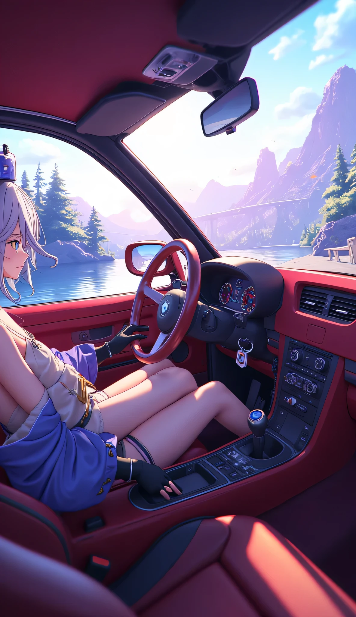 Red BMW 125i modification,wide body and negative wheel base wheels, painting an anime woman,Furina_Genshin,A girl cosplays Funina while sitting in a car and driving,The car is driving on a scenic road,The road is a surreal beauty