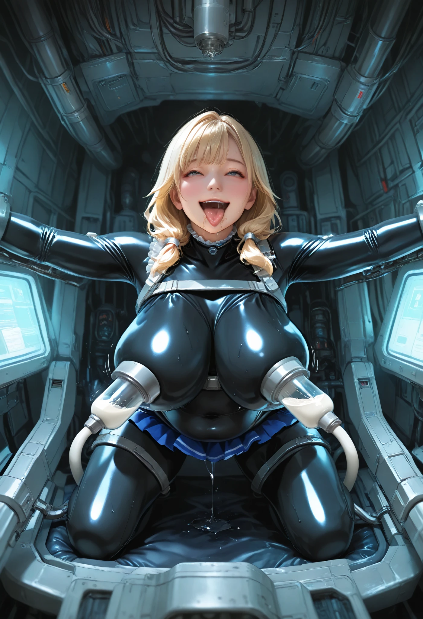 Top quality), (((photorealistic))), 8k, perfect composition, beautiful idol, shiny skin, sweat, covered puffy nipples, (((breast pump))), (((breast pump))), dark basement, machine that collects breast milk, woman restrained in cockpit with large seat, big translucent suction cups on nipples, kneeling, arms stretched out to the sides, on all fours, breast restraints, big milk tank, motionless, dark and dirty room, thick tubes connecting breasts to tank, spread arms, outstretched arms, beautiful hair, sexy bra, white skin, sexy lingerie Lee, cute girl, bondage suit , machine, black suction rubber nipple cups, bra, android, cyborg, thick tubes, nipple covers, skirt, breast harness, breast bind, milk spray, machine body type, chubby, dark room, basement, blouse, exposed belly, big , blonde, spectator, white skin, drool, open mouth, huge melons, bouncing breasts, machine armor, huge nipples, smiling face, lots of drool, tongue out, only daughter, pussy juice, belly, skirt, jacket, frills, tank top, lacy underwear, full body rubber suit, catsuit, full body tights, breast wrap cloth, shiny black breasts