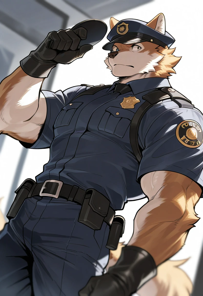 Author: bontiage, (1 boy), One, tiger, bulge, police shirt, Men's Second, kemono, hot body, muscle, Beautiful, sexual, Attractive guy, (Detailed black eyes), brows, (masterpiece, A high resolution, Best quality), 4K, a male, Beautiful shadow, expressionless, (front side:1.5), standing, downtown, patrol