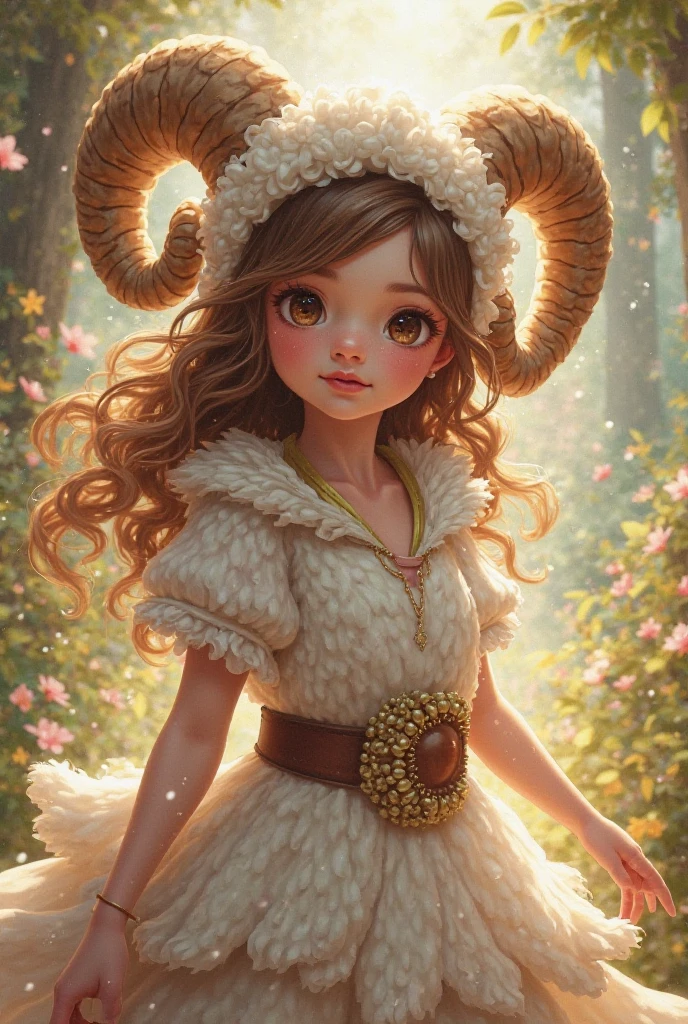 Druid girl with goat horns, hair is pink and in a braid, has green eyes and is in the forest with a flame in her hand