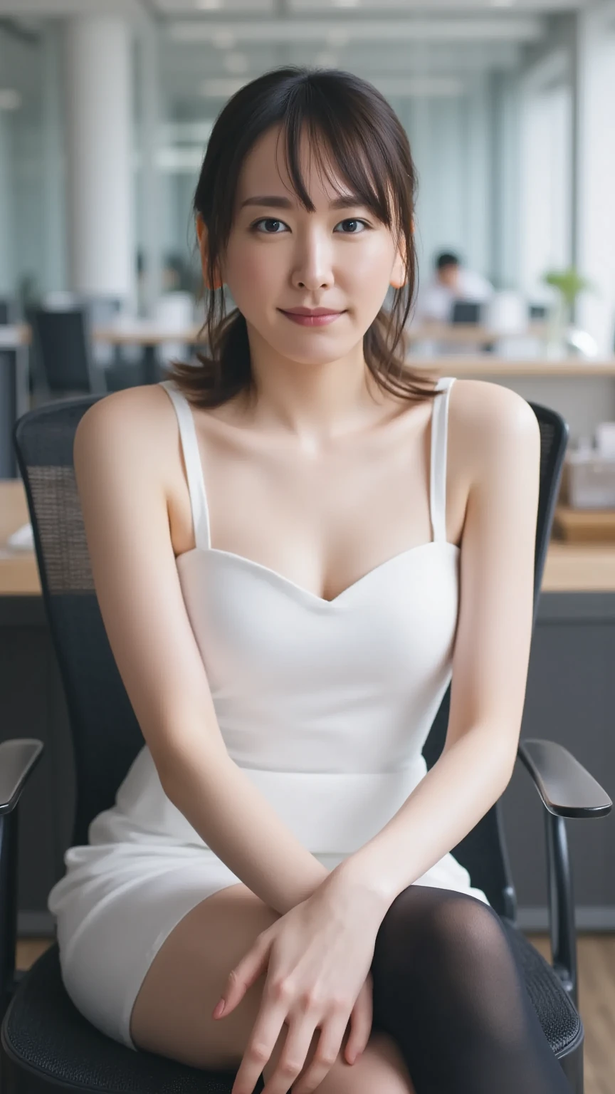 Full nude office lady　　Sit on a chair　　Thighs　View from the front　Spread your legs