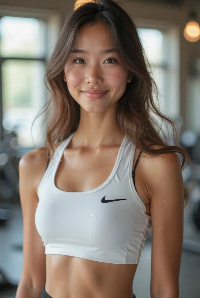 RAW photo, face portrait photo of beautiful 26 y.o woman, cute face, wearing gym clothes, happy face, hard shadows, cinematic shot, dramatic lighting