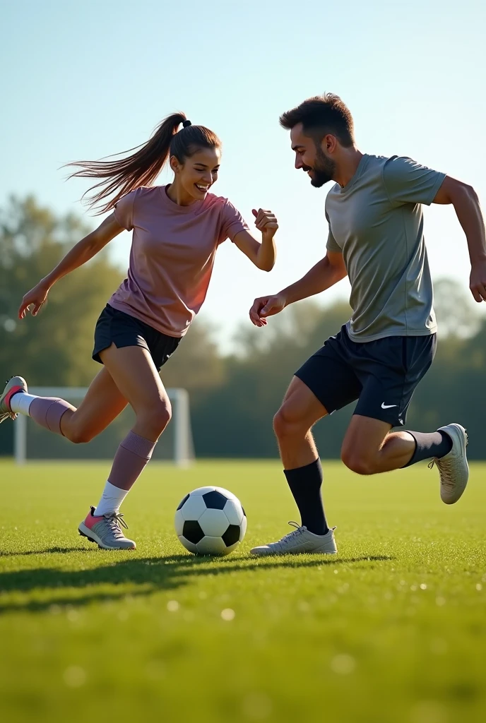 Shirtless Man but with Pants Scoring a Goal on His Girlfriend Who is Goalkeeper Dressed and with Castle Hair and is Tall in the Patio of His House