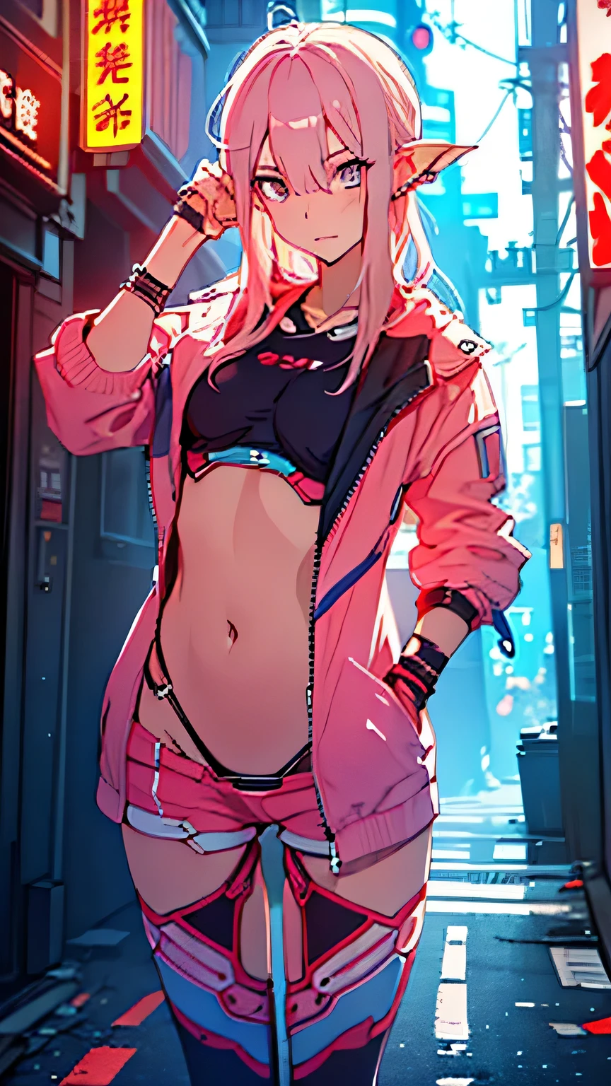 Create anime character;
{background: building capital HD text: “GLBK” in center-top, night}, tanned skin,
realistic, HDR, beautiful, korean style, full body, age 20, hoodie HD text: “Doma”, female, pink hair, long hair, big boobs
