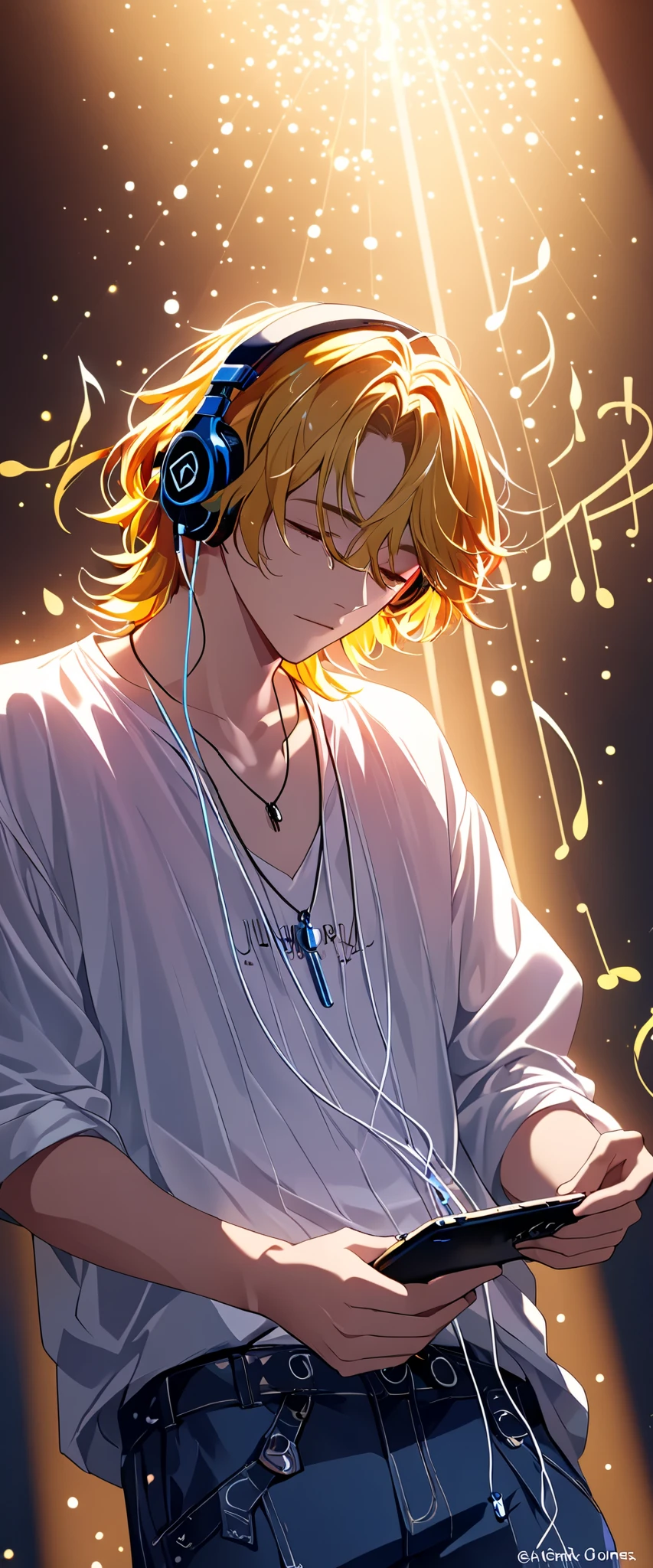 ptn,official art,1boy,solo male,male focus,cowboy shoot,music chords,chords symbols,earphones, smartphone,Korean aesthetic,solo.looking down,humming,music symbols,casual clothing,looking at viewer,((best quality,4k,8k,highres,masterpiece:1.2),ultra-detailed,(,bright colors,ethereal lighting, detailed eyes,detailed face,)