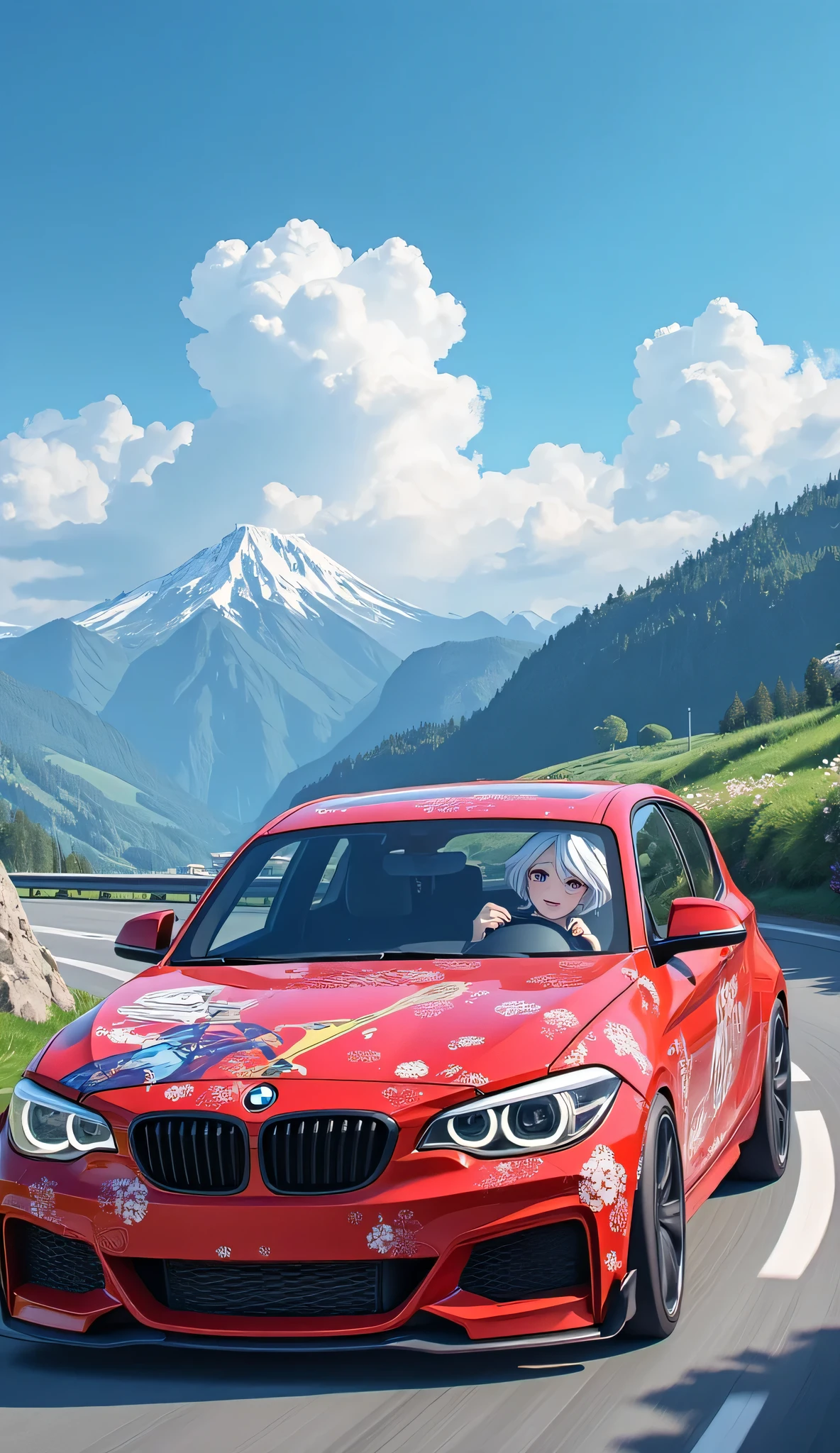 Red BMW 125i modification,wide body and negative wheel base wheels, Anime girl Furina drawn on the car body_Genshin's patterns,A girl cosplays Funina while sitting in a car and driving,The car is driving on a scenic road