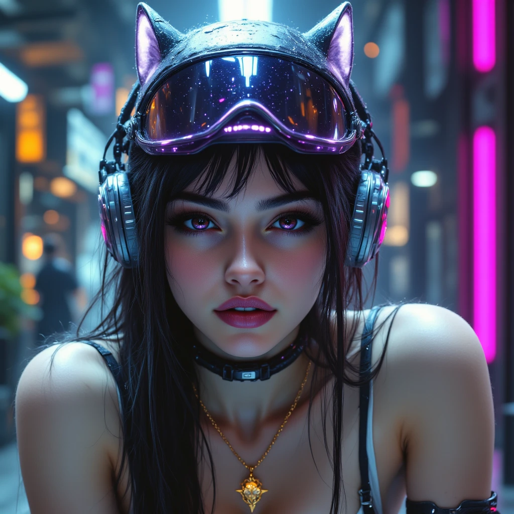 cat ear，Creeping, to provoke the public，Seductive details for the eyes，cropped shoulders，huge breasts，skin is wet，outside Mechanism, full leakage current
，Fuchsia hair，With silver headphones，Blue eyes，Red lips are attractive，upper body，White shirt，cropped shoulders，huge breasts，There are tattoos on the shoulders