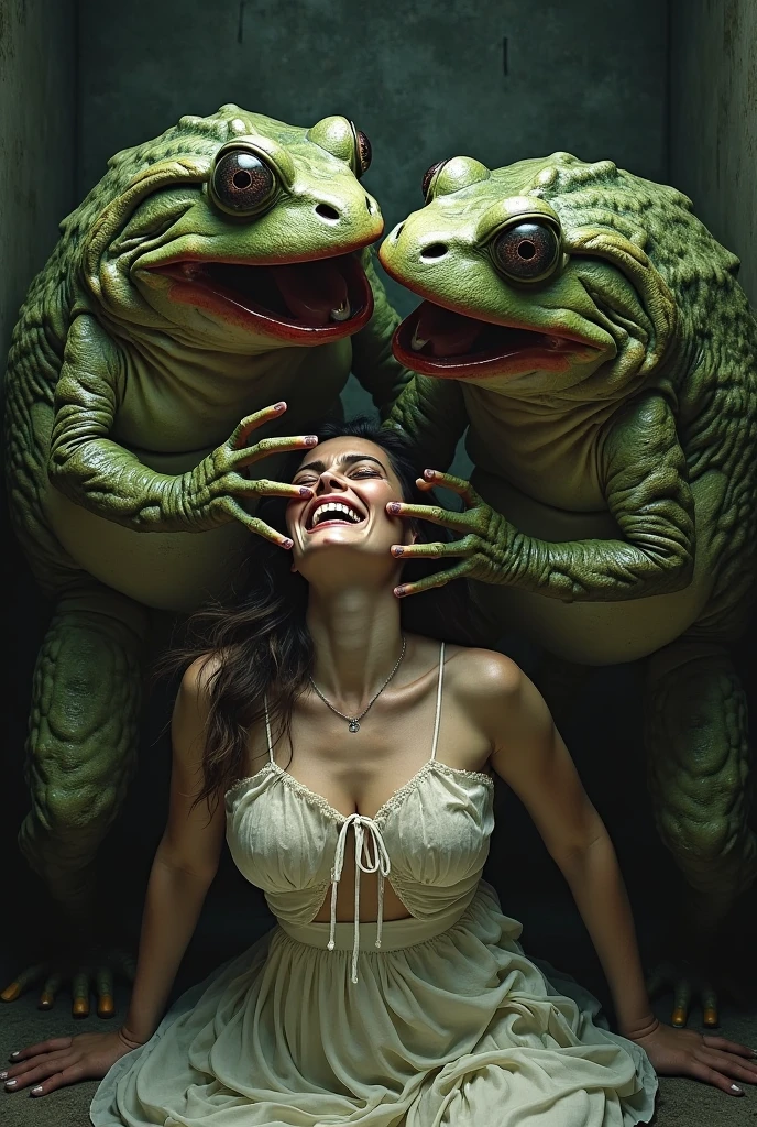 A bunch of attractive goblin women, dressed in  fantasy lingerie are gathered around a colorful goblin sized toad, they are licking the toad and getting stoned. A few goblin women are passed out,