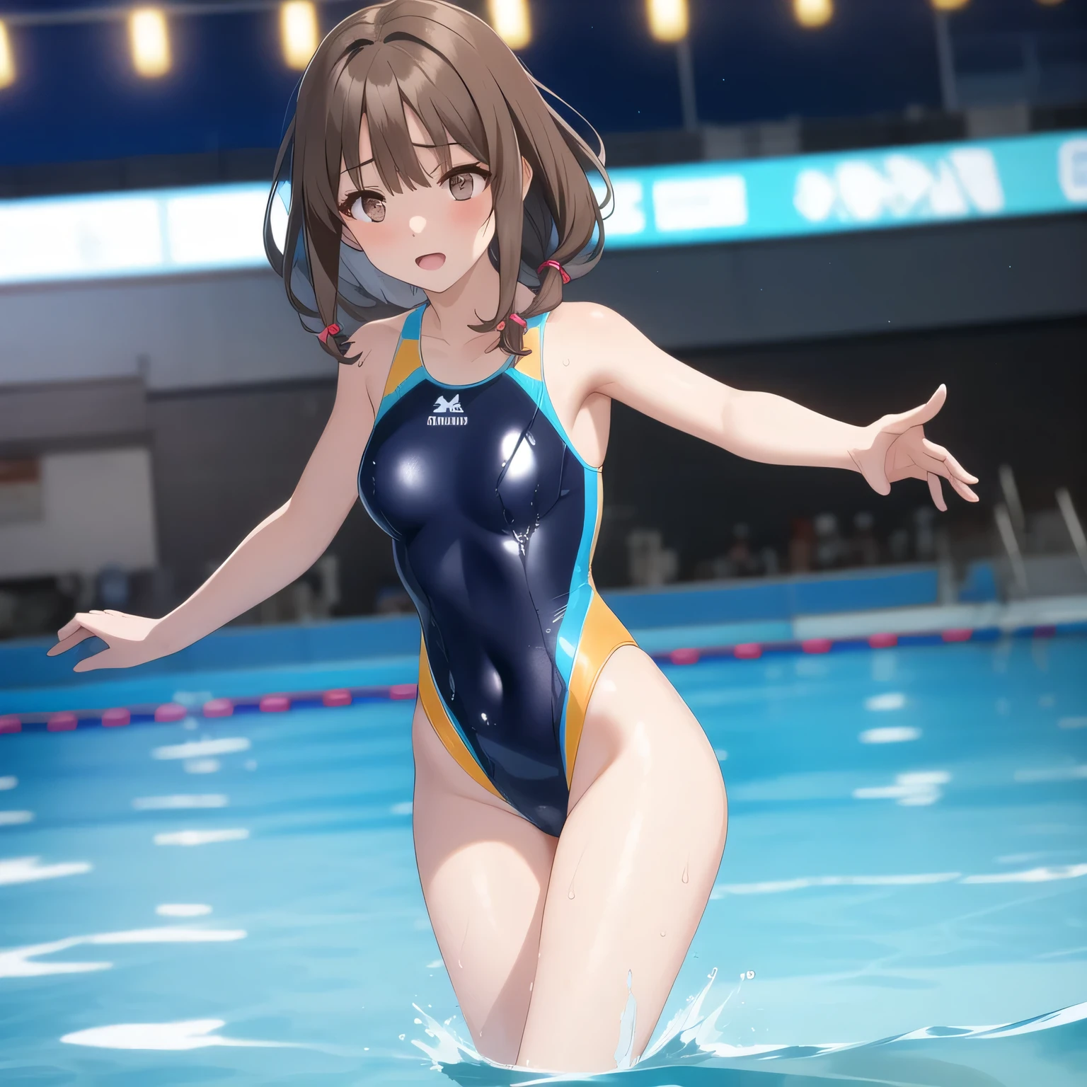 (High leg swimsuit), (Looking up from under your feet), Background is the stage, Misaka Mikoto, 1girl, black choker, uhd, retina, masterpiece, ccurate, anatomically correct, textured skin, super detail, high details, high quality, best quality, highres, 4K