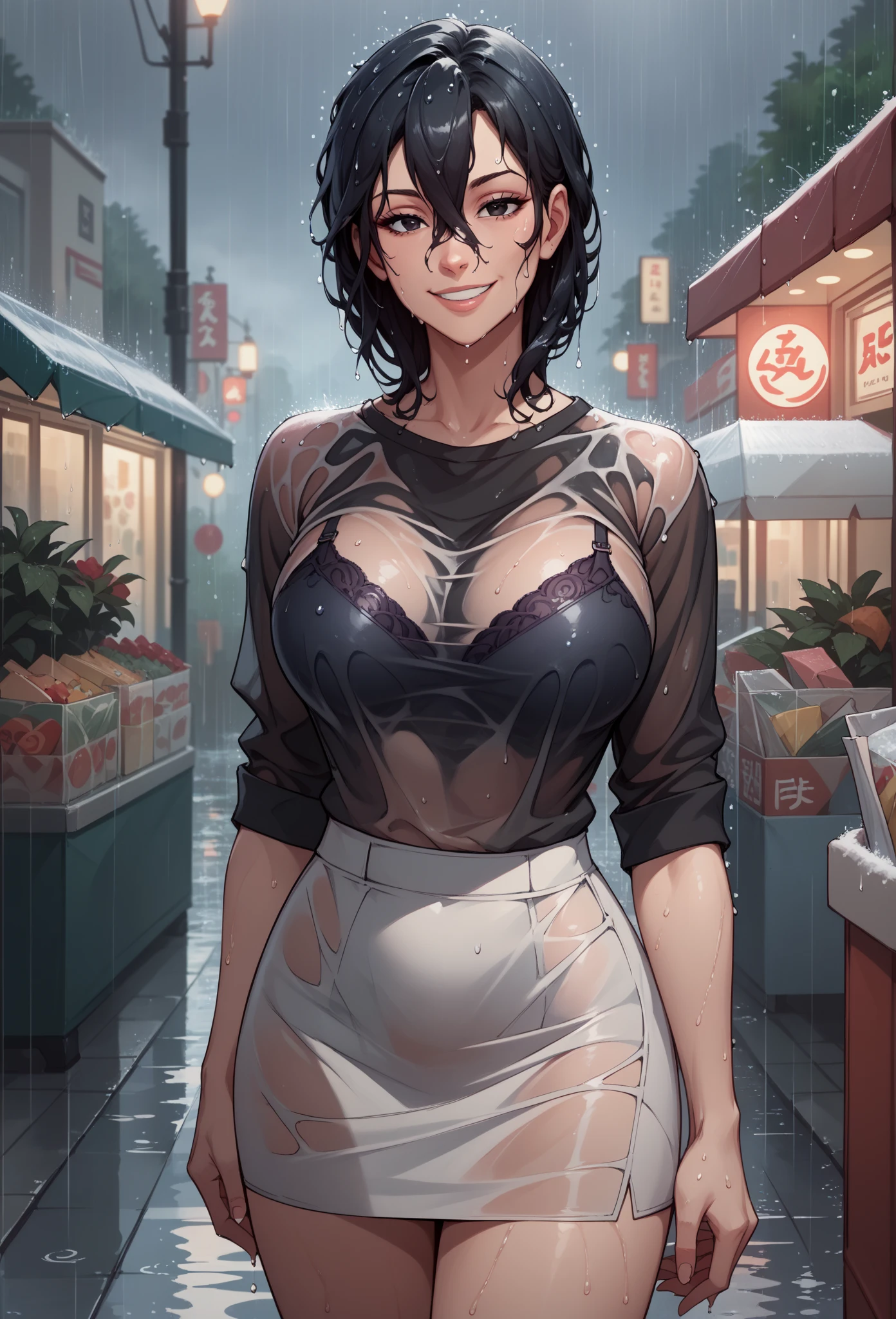 Fat and obese Asian woman, Detailed face, Large Breasts, (Casual clothing:1.1), Dark black clothes, Upper Body, Closed lips, Short Straight Hair, alone, View your viewers, (Semen on clothes:1.2), Realistic, Indifferent look, In front of you, On Gonzo, City of night