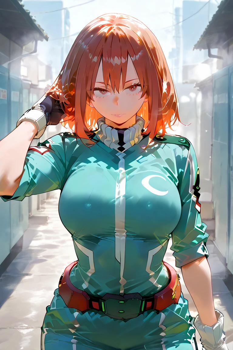 My Hero Academia, women, green eyes, waist-length red hair, scar on left cheek, White skin, smiling, Screenshot, wide sleeve panel