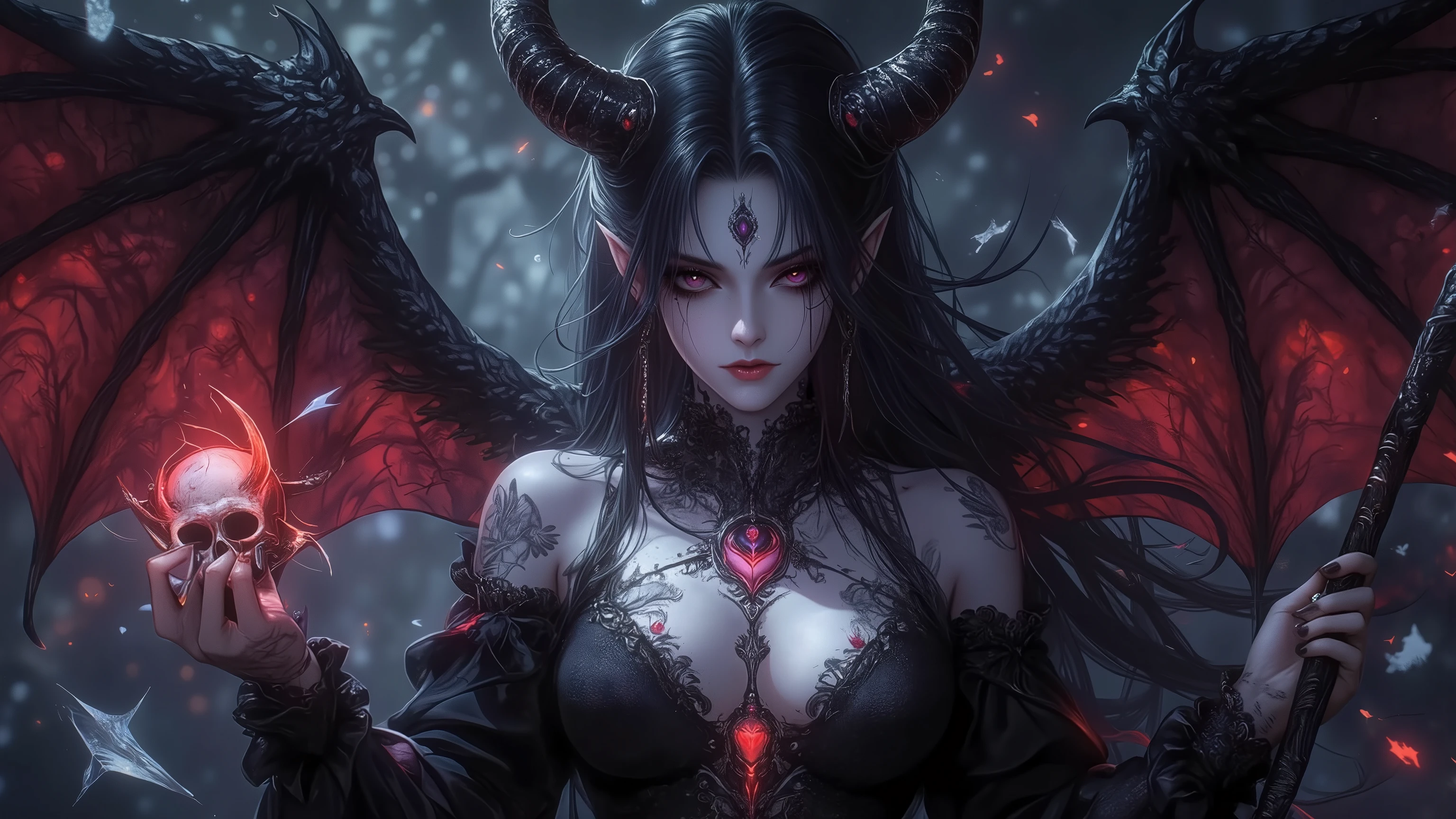 a gothic pale woman with beautifully tattooed horns, a goddess of darkness with seductive features and demon wings, (intense and seductive) eyes, a (pale and flawless) face, (sharp and captivating) cheekbones, (plump and alluring) lips, (flowing and dark) hair, (mysterious and enchanting) aura, (elegant and tasteful) black clothing, (intricately designed) tattoos, (sinister and alluring) presence, (allurignly) confident stance, (subtly) glowing eyes, (graceful and strong) body language, (mesmerizing) gaze, (hauntingly) beautiful expression, (charmingly) crooked smile, (faint and delicate) horns, (delicate and intricate) wing details, (sharp and ominous) edges, (dark and ominous) wingspan, (gracefully) extended wings, (elegant and graceful) poses, (ethereal and enchanting) background, (subtle and atmospheric) lighting, (dark and moody) color palette, (mysterious and captivating) atmosphere, (dramatic and intense) shadows, (intricately) detailed artwork, (high contrast and dramatic) portraits, (hauntingly) beautiful scenery, (majestic and mystical) vibes, (emotionally) powerful imagery, (rich and deep) textures, (hypnotic) visual effects, (dreamlike) illusions, (intense and mesmerizing) compositions, (stunning and immersive) realism.