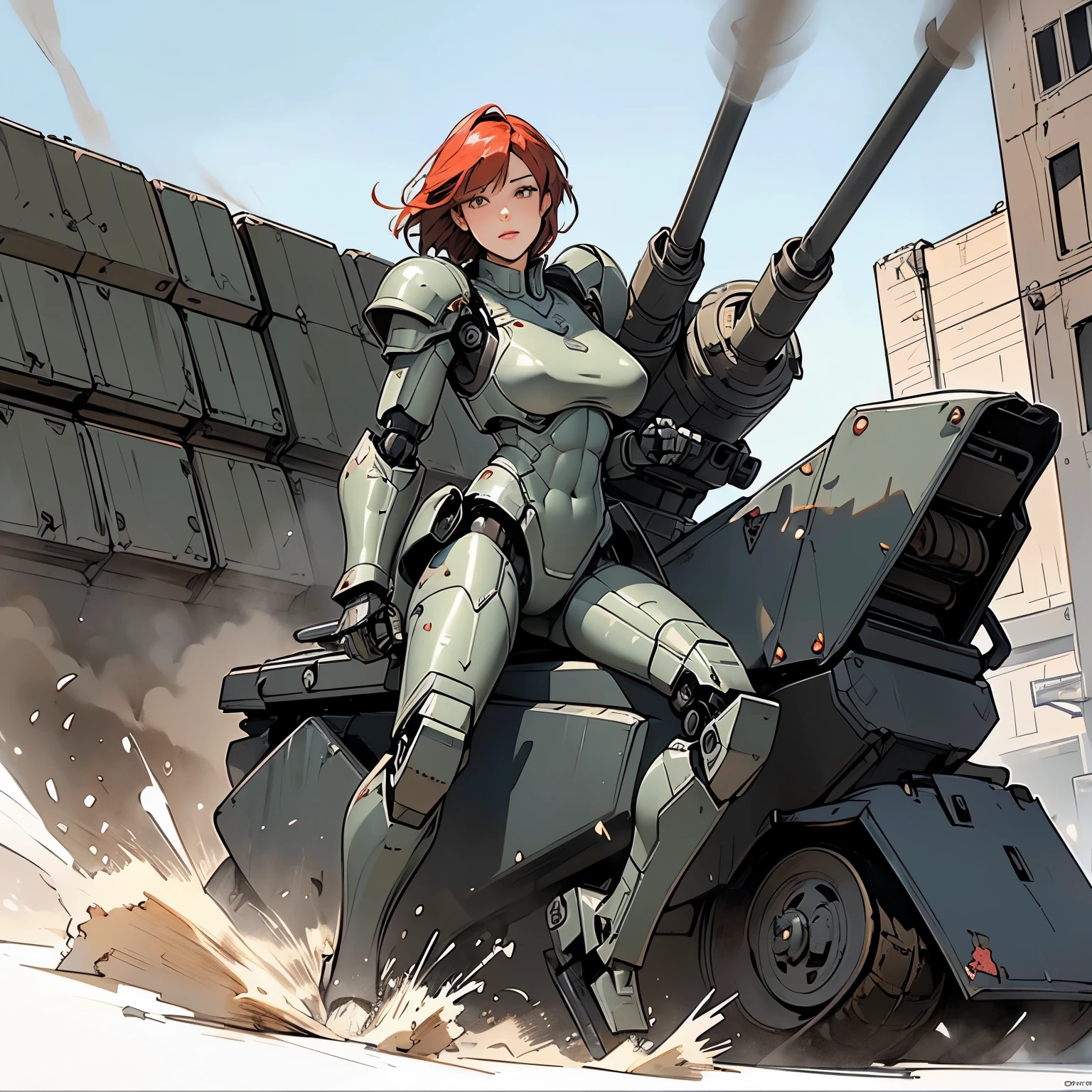 nsfw, anime screencap, 16K, perfect anatomy proportion body, perfect hands, action, A dynamic composition with a sense of speed and movement, (open cockpit, Ride large, heavily armored military heavy equipment:1.6), a wife, 40age, perfect beautiful delicate sexy face, perfect beautiful delicate slanted eyes, red hair, swept bangs pixie cut, medium breasts, Camouflage colored heavy armor robotic steam engine full armor powered suit, Many robot soldiers having a gunfight in the background, Flying bullets, Desert Battlefield, war, Post-apocalyptic,