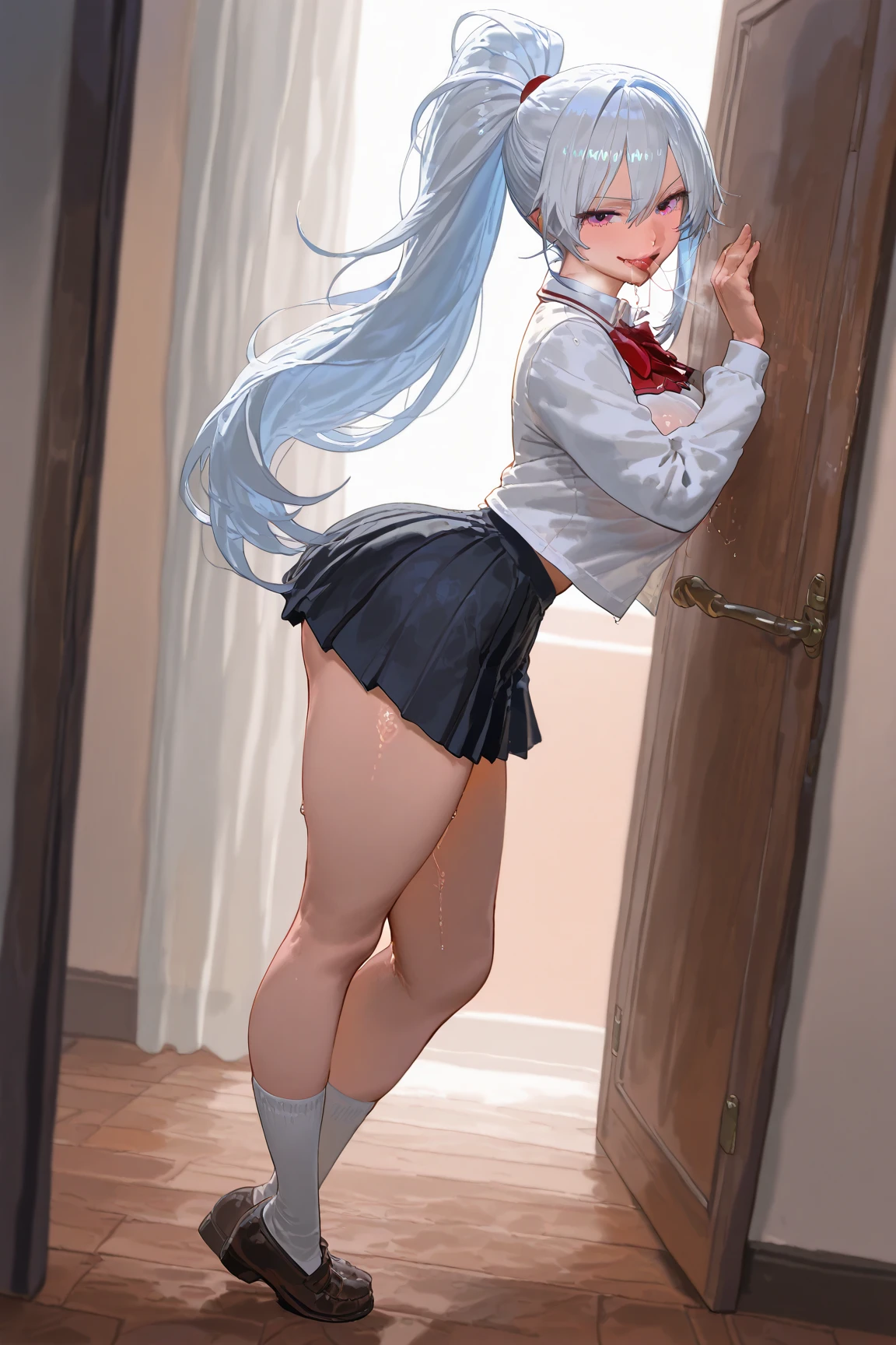 ((Biologically correct limb count)),(( From head to toe,Full-body photo including face)),4K,((Standing position)),masterpiece,((Focus on the face)),((Symmetrical facial features)),Eyes with detailed description,Beautiful woman,Great style,Beautiful arms,Beautiful legs,Beautiful Hands,(Small Ass,Thin thighs),Facial detailing,Small earrings,necklace,(Sailor suit,mini skirt((High heels,Patterned stockings))),((Standing in front of the school building and looking up)),Silk gloves,(((Blue and silver hair))),Realistic photo