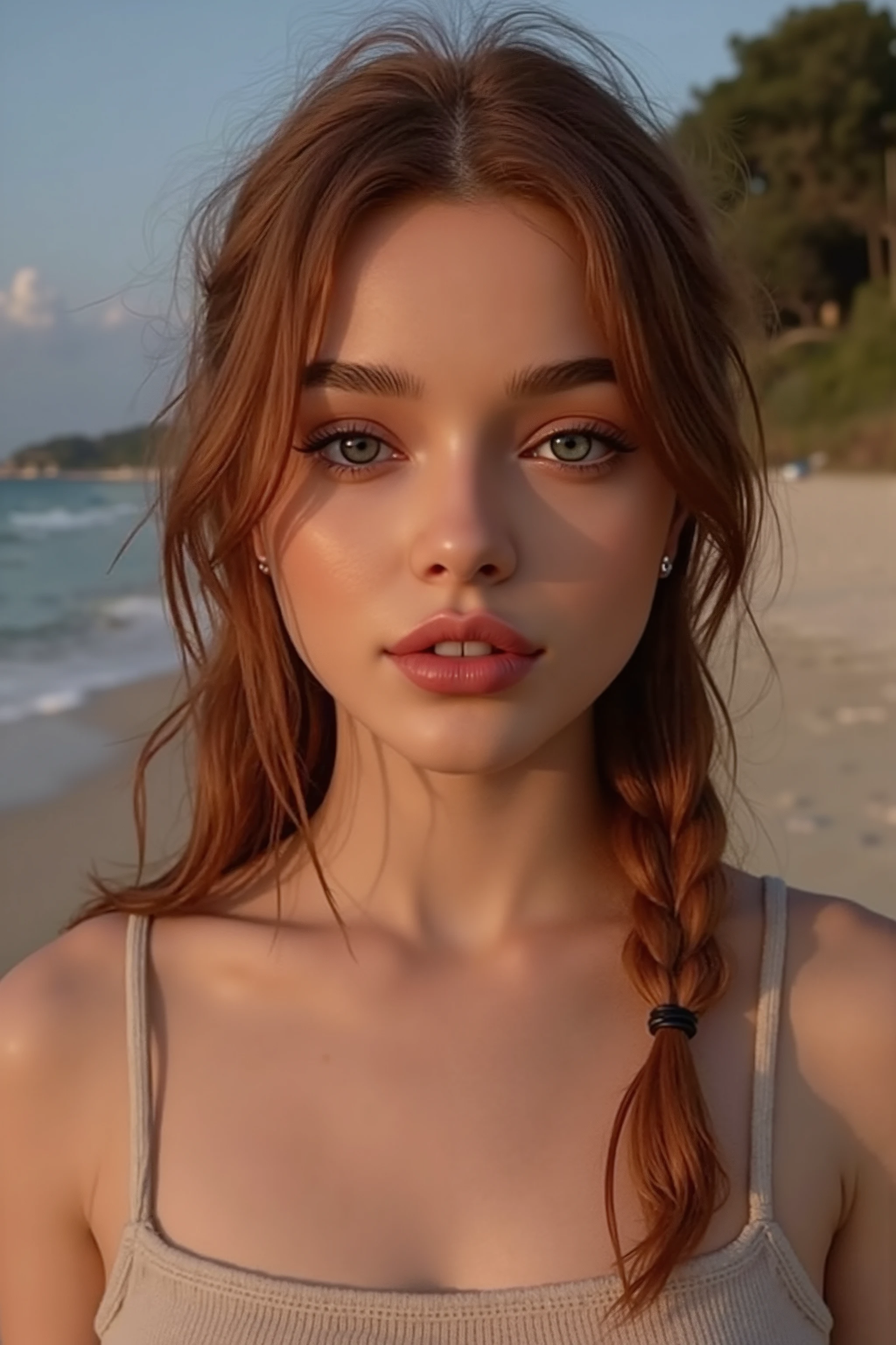 🌟 quality & silent:
photo of the full head, Head til breast, masterpiece, 8k, ultra high resolution, hyperrealistic, very detailed, natural lighting, SLR lighting, SLR camera , Fujifilm XT3, film grain, Sharp concentration, perfect lighting.
🌌 Scene & background:
different backgrounds:
A romantic sunset on the beach, with warm, golden hues .
A dark, mysterious forest with moonlight, that falls through the trees.
A luxurious Bedroom with candlelight and silky curtains.
Ein urbaner background mit Neonlichtern und regennassen Straßen.
😈 model & Styling:
a young, wild girl with fiery red hair, different hairstyles such as flattop, quin tails, tri tails, pixie cut, expressive hair, single sidelock, hair pulled back, french braid, blunt bangs, ahoge, streaked hair, which in various Poses fall loose or styled are, and bright blue eyes . She is wearing a lightweight , torn dress made of natural materials, that underlines her free and independent nature.
🔥 Pose & Mood:
Different sensual facial expressions:
she looks directly at the camera , with a seductive smile and half-closed eyes.
She bites her lower lip, with a playful and tempting look.
She tilts her head slightly to the side, with a dreamy and sensual expression.
She looks over her shoulder, with a mysterious and intense look.
Die Mood ist sinnlich, seductive and full of emotions.
💋 Brief summary 💋
"a young, wild girl with fiery red hair and bright blue eyes in verschiedenen Porträtaufnahmen bis zur Brust. It shows sensual facial expressions against different backgrounds, from a romantic sunset on the beach to a dark, mysterious forest. Die Scene ist hyperrealistic, hochdetailliert und in 8k-quality, with a sensual and seductive expression Atmosphere."