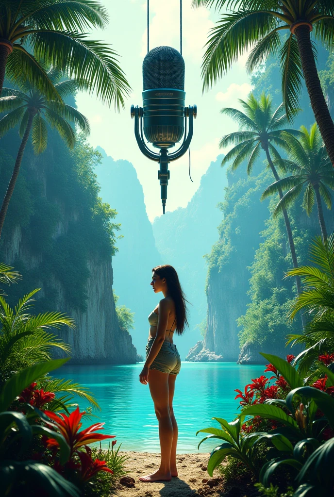 Beautifull Asian woman pose with dinosaur wearing futuristic suit landing from a UFO ship in the sky ,front side, embarking on a treasure-hunting expedition in a prehistoric jungle, wide angel view,smooth, epic composition, hyperrealism,