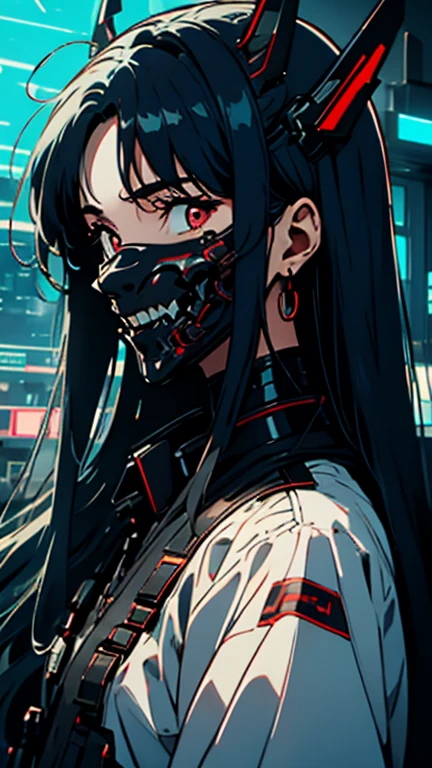 Grunge style Sofia Boutella as a biomechanical cyberpunk bounty hunter in a dystopian future, wearing a sleek black cybernetic hooded jumpsuit, dimly glowing red mechanical eyes, commanding and threatening expression, cutting-edge tactical gadgets, razor-sharp wit, illegal tech and weapon manufacturing lab, short hair, <lora:huge_anime_eyes:1> huge anime eyes, . Textured, distressed, vintage, edgy, punk rock vibe, dirty, noisy