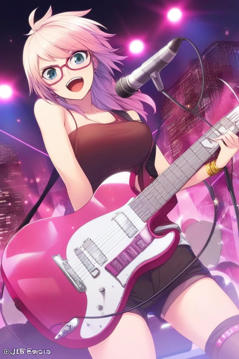 Really embarrassed tomboy girl, with short gray curly  hair, brown skin and  glasses, in sexy pink micro bikini  , full body, Covering her body with a Electric guitar 