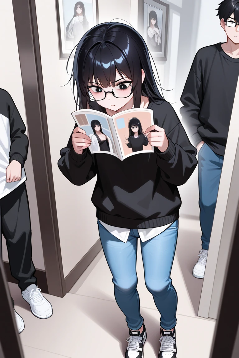 One Girl、Drooping eyeessy Hair、Black Hair、Long Hair、Sale Clothes、tights、Holding a book、Round Glasses、Ahegao、Used condoms、Creampie、ビリビリのtights