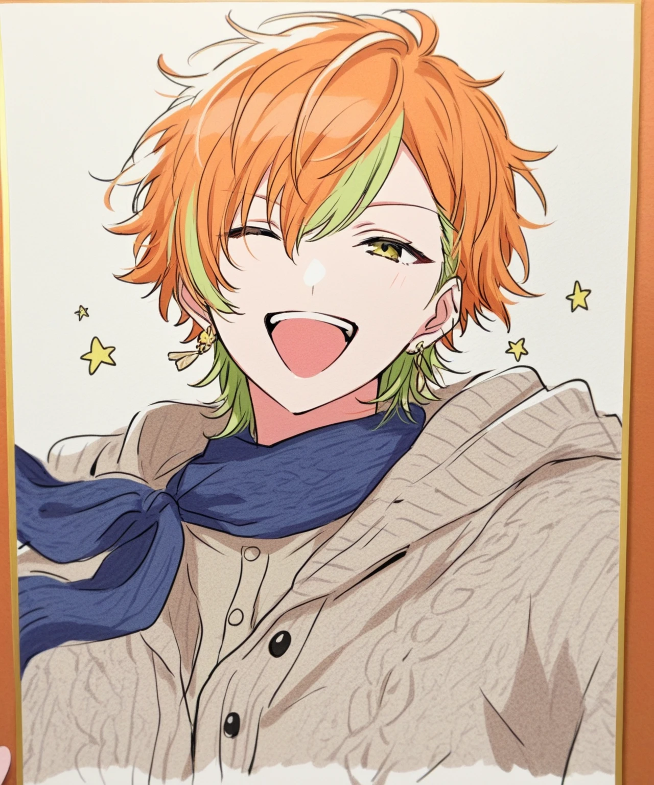 shinonome_akito, orange hair, green hair, bangs, sing, full
