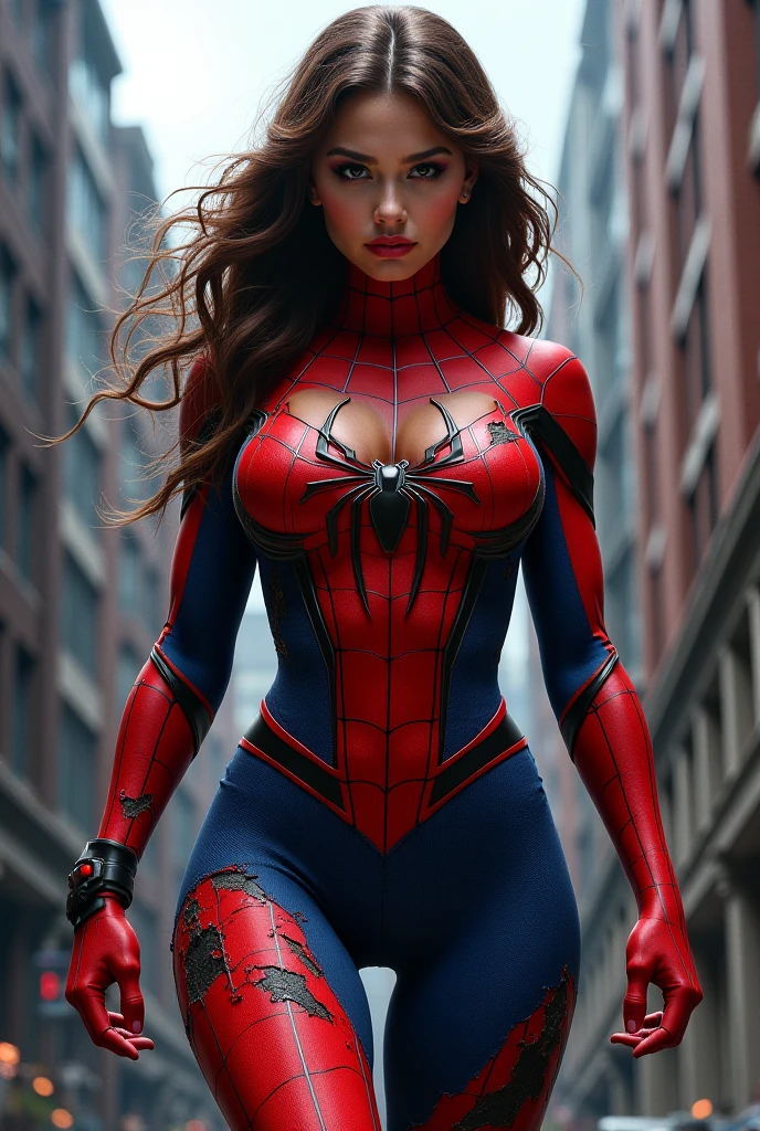 Evangeline Lilly、Sticking out the navel、newyork、She wears a torn Spider-Man suit,wearing skirt、 Red and black color scheme,Dynamic、masterpiece、top-quality、ultra-detailliert、ighly detailed、beautiful detailed brilliance、超A high resolution