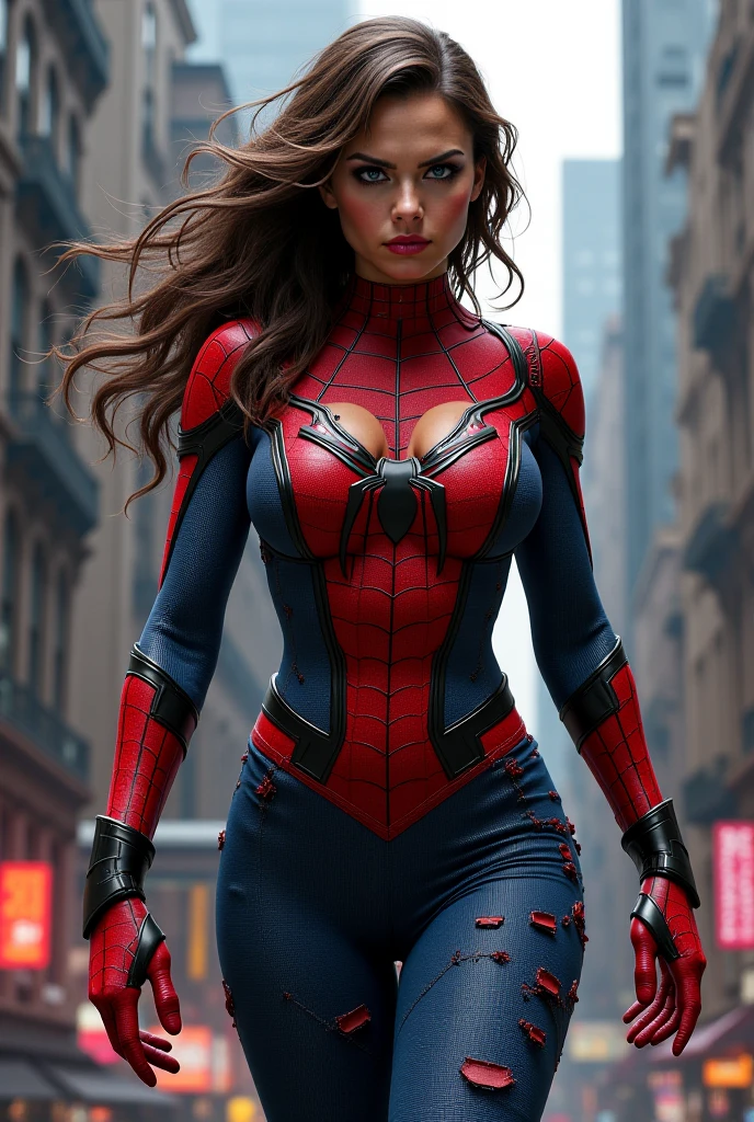 Adult Latina model Daisy Marie, topless, Sexy female dressed as Spider-Man, sexy with enormous tits, gorgeous face, beautiful, hourglass figure, highly detailed, masterpiece, 96k rendering, full moon in background, stars in sky, city lights, New York, nighttime, spider web, exsquisite MCU cinematic lighting, accurate real life face, perfect facial features, super long flowing brunette hair