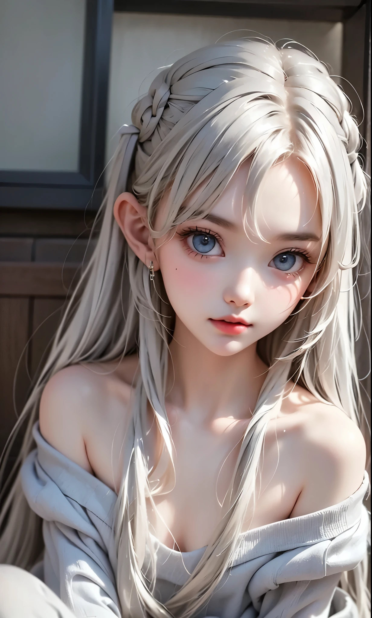 black and white color scheme, sexy girl ,immature , small,Silvery Curly Hair、sitting, upper body