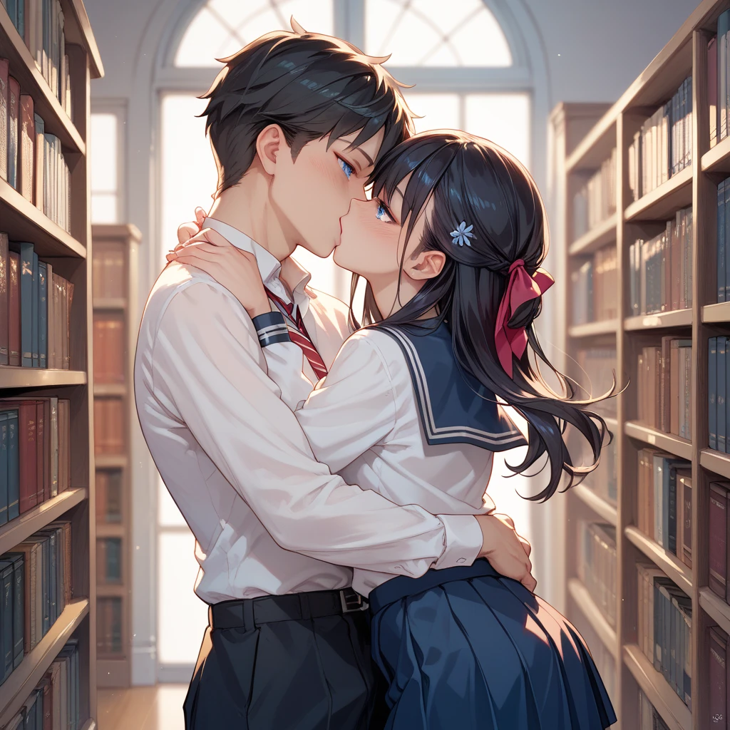 Anime Style, Super precise illustration, Very detailed, beautiful, 8k,beautiful girl,(cute:1.3),Black Hair,Red cheeks, High school couple, Kissing Scene,(A deep kiss), mini skirt,((The hem flips,White panties)), library