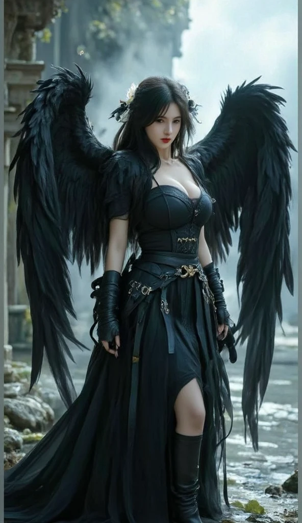 (((UHD))), (((masterpiece))), (((8k))), (((highres))), (((Surrealism))), (((cinematic lighting))), god rays, zoom layer, (((fullbody shot))), f/4.0, Canon, shiny skin,detailed skin,detailed face, detailed eyes, goddess in a black dress and a black swan, dark angel, villainess has black angel wings, black swans, angel with black wings, dark feathered wings, of beautiful angel, black swan, by Yang J, has black wings, black wings, a beautiful fantasy empress, lilith, young wan angel, artstyle tom bagshaw, raven angel wings