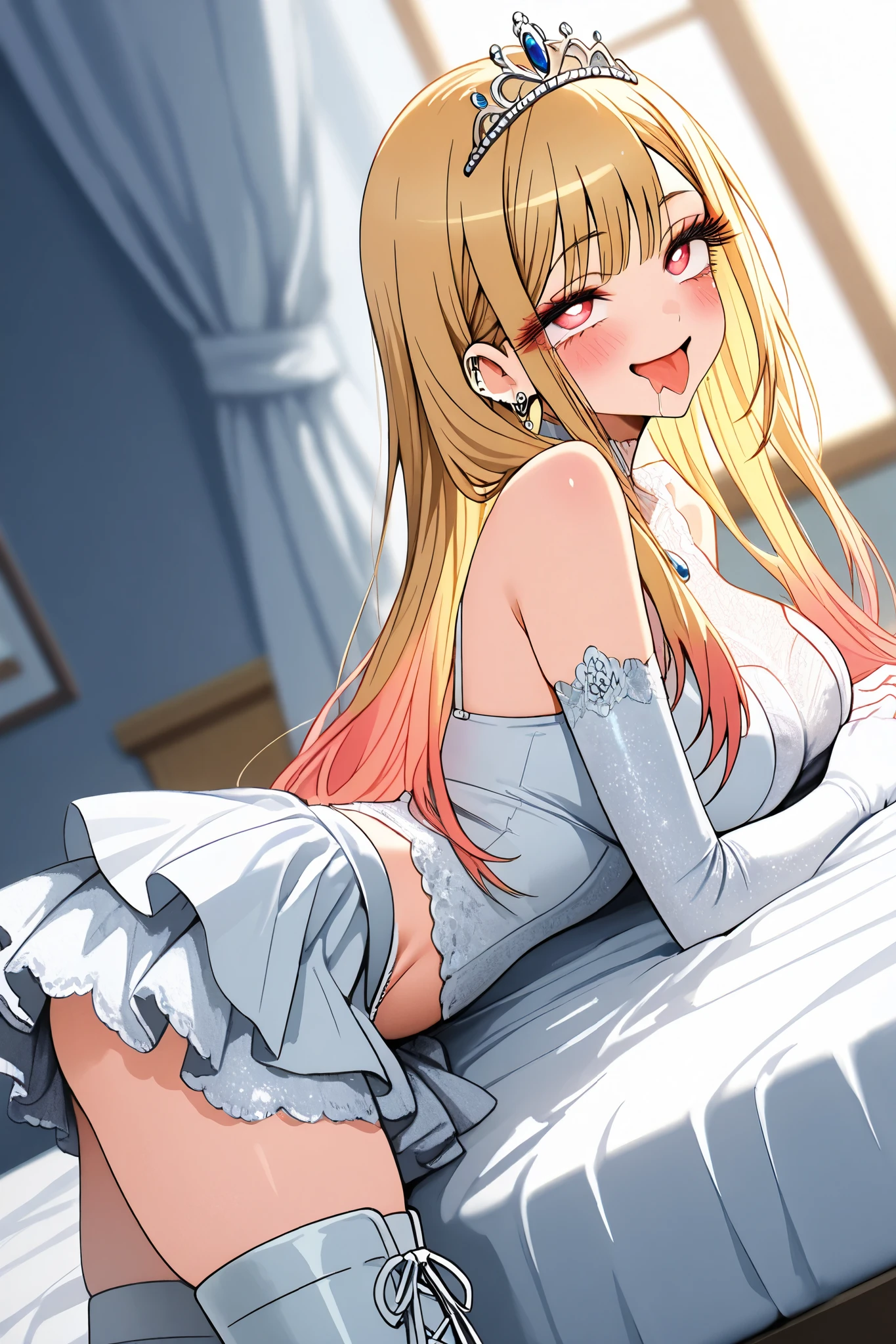 marin_kitagawa,1 female,solo,pretty,
front,lower body,from side,
blonde,long hair,side part bang,cut bangs,
colored inner hair,
red eyes,beautiful eyes,
big eyes,slant eyes,sleepy eyes,
long eyelashes,
princess(1.3),
dress,tiara,glitter,miniskirt,
white lace up boots,thigh-high boots,
white panty,high heels,
white elbow gloves,
beautiful legs,thin thighs,thin calves,
large breasts,thin waist,
smile,blushing,drooling,tearful eyes,
rolling eyes,open mouth,tongue out,
I can see panties,cowboy shot,dutch angle,
perfect face,beautiful skin,
anatomically correct,
best quality,super detailed,
highest quality,masterpiece,high quality,
blurred background,
indoor,on bed,bedroom