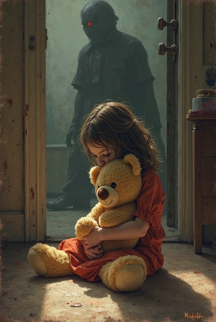 young homeless girl wet and dirty :: holding an old teddybear :: sitting on the floor af a destructed church :: photo taken from the floor