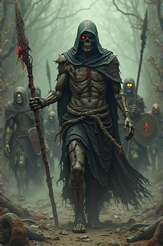 rpg illustration a weak and malnourished person with a black aura and no muscles and tremendous battlefield