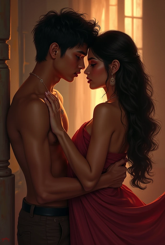 day scene, photo of naked french boy sucking  of naked latina, big cheeks, red lips, armpits, white, pink, cleavage, seductive face, ruby necklace, realistic pores on the breasts, black french braid hair, (blue eyes:0.8), cute adult face, 30 yo, look at viewer and smile, soft volumetric lights, (backlit:1.3), (cinematic:1.3), intricate details, (ArtStation:1.2)