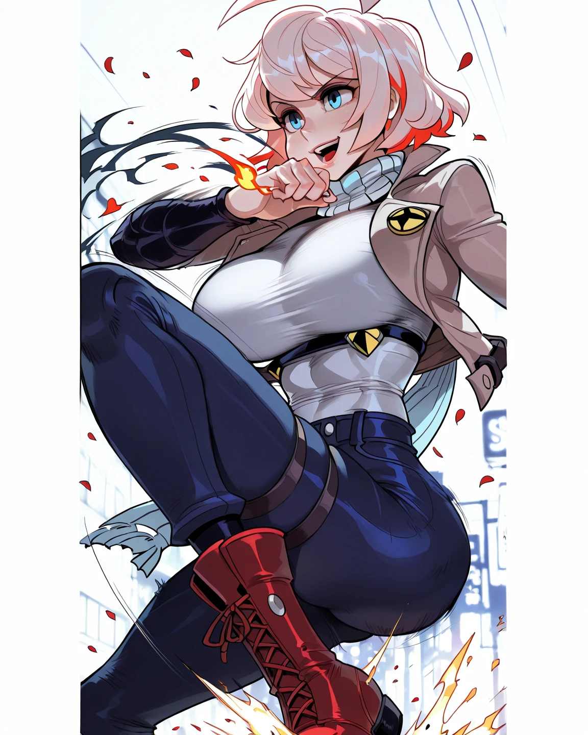 android 18,
short hair,blue eyes,blonde hair,collarbone, Medium Breasts,
black shirt,denim jacket,vest,striped sleeves,belt,denim skirt,black pantyhose,brown boots,
wind,sky,rock,nature,
fighting_stance,
solo,(high kick:1.4),(motion blur:1.3),(speed line:1.3),